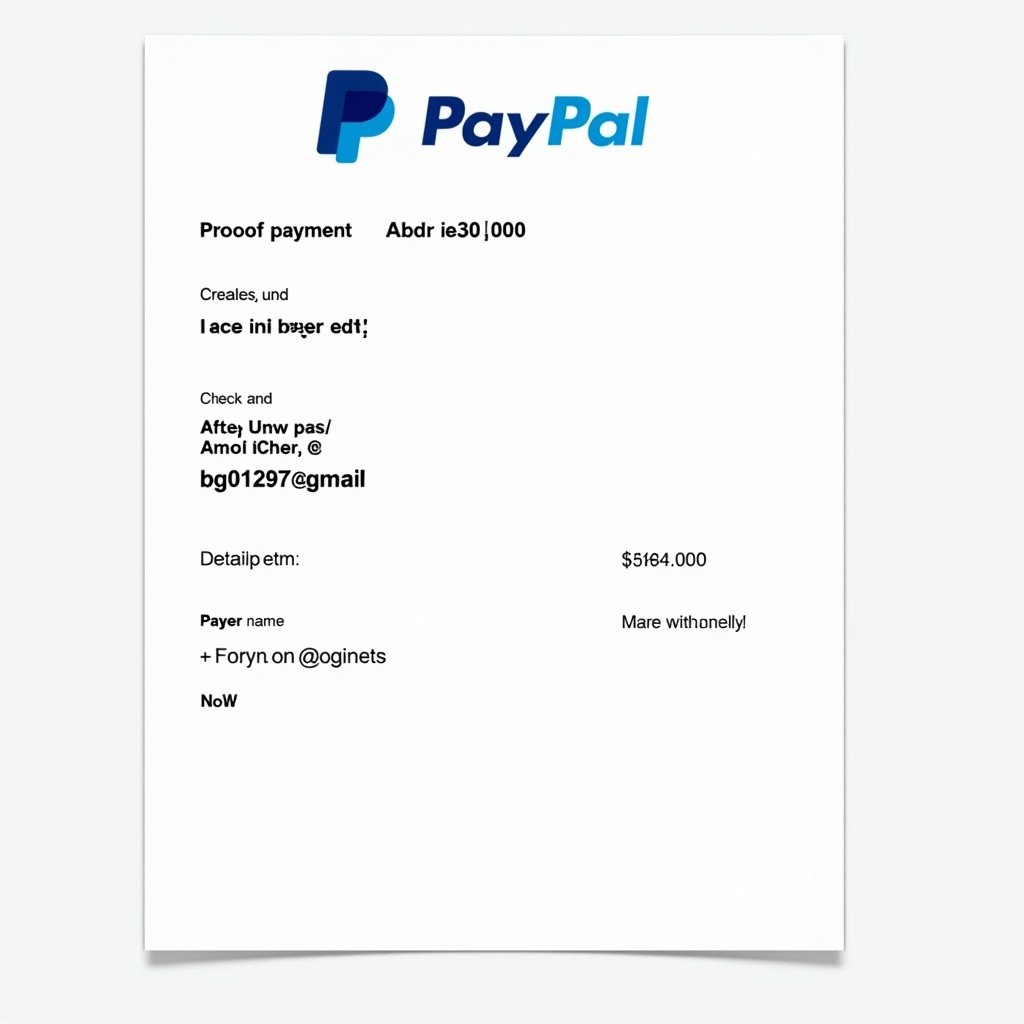 Image of a PayPal payment receipt. Features proof of payment for ₱30000 to bg01297@gmail. Clean design with PayPal logo. Contains payer's information and transaction number. Used for transaction verification and record keeping.