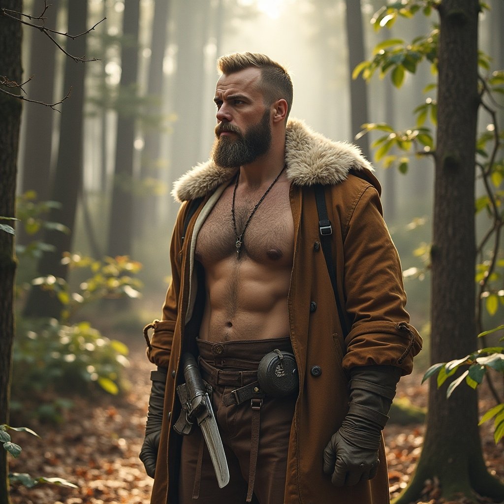 A muscular man in a forest stands confidently. He wears a rugged coat with fur lining and holds a weapon. The scenery is filled with greenery and soft sunlight.