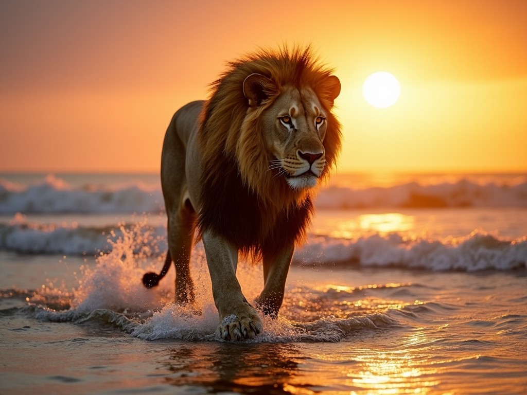 A majestic lion walking through shallow ocean waves at sunset, with the sun glowing warmly in the background, illuminating the lion's fur and the surrounding water.