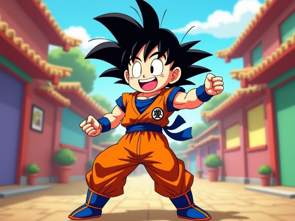 The image shows Goku, a beloved character from the anime Dragon Ball, wearing his iconic orange training uniform. He stands confidently with a big smile, as if he's about to engage in the latest viral dance. The background features a colorful street with traditional architecture, enhancing the lively atmosphere. Goku's hair is spiky and black, adding to his energetic appearance. The image captures the essence of fun and movement, making it perfect for sharing on social media.