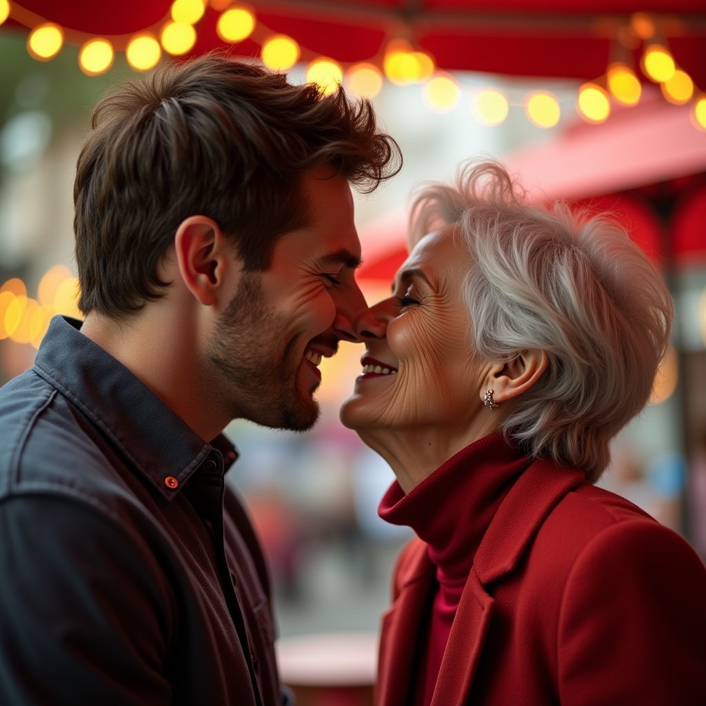 Couple sharing a romantic moment. They are close to kissing, showing affection. Surroundings are vibrant and lively, enhancing the atmosphere. Young man smiles softly, older woman looks affectionate. An intimate, spontaneous kiss is about to happen, demonstrating a sweet connection.