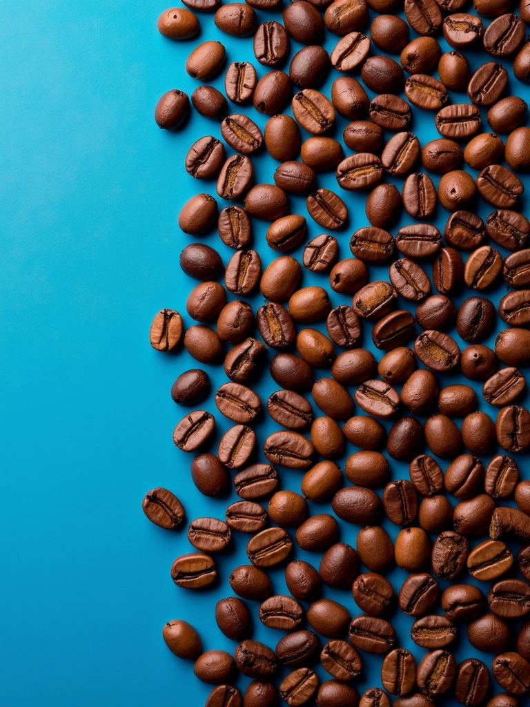 Coffee beans are scattered on a bright blue background.