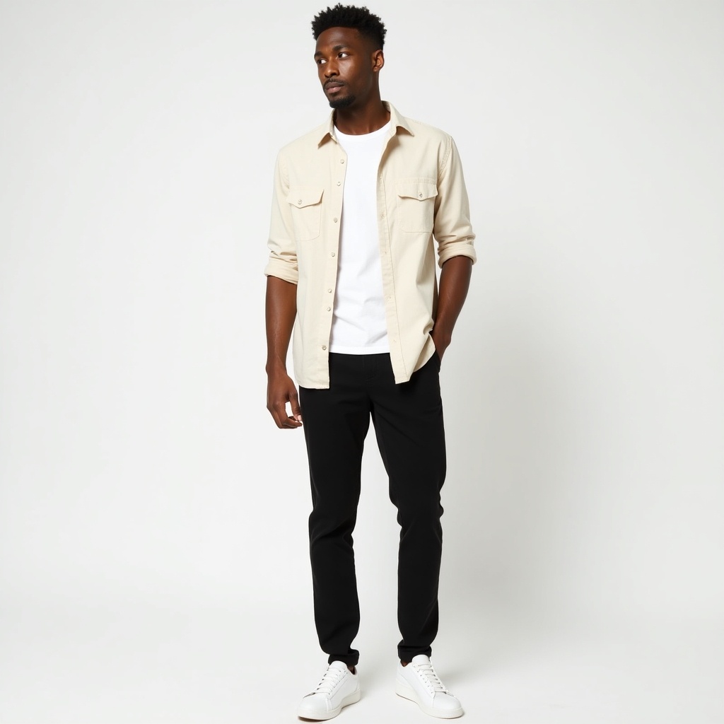 A stylish man wears a cream linen shirt over a white t-shirt. He pairs it with black pants and white sneakers. He stands confidently against a simple white background.