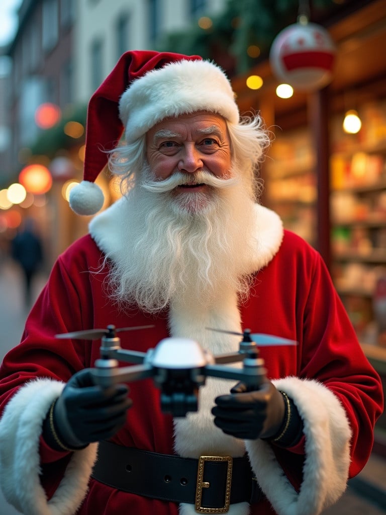 Christmas scene features Santa Claus in red and white suit holding a drone. Background shows a toy shop with festive decorations and glowing lights.