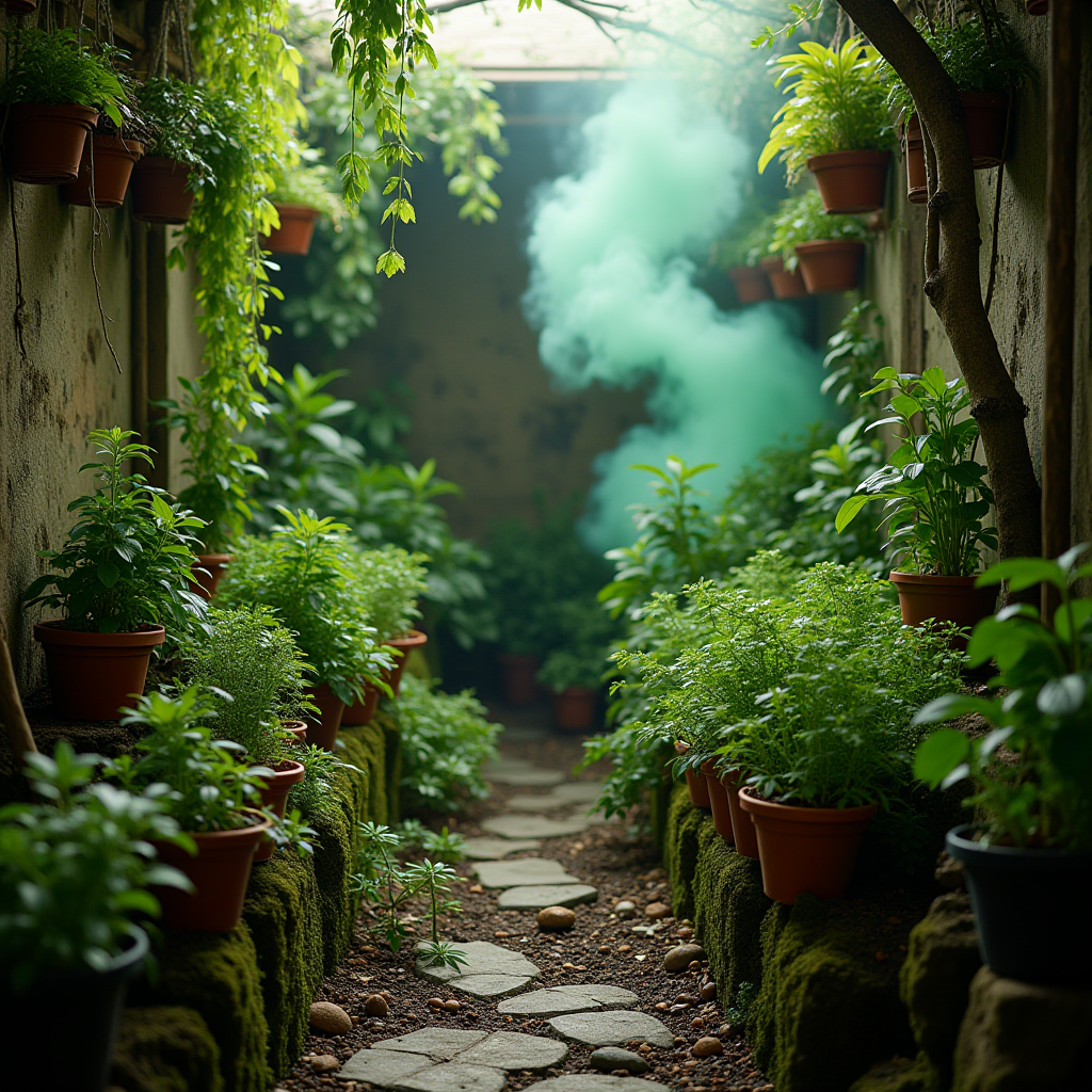 A lush, garden-filled alleyway with vibrant plants in terracotta pots, flanked by stone pathways and an enigmatic green mist rising in the background.