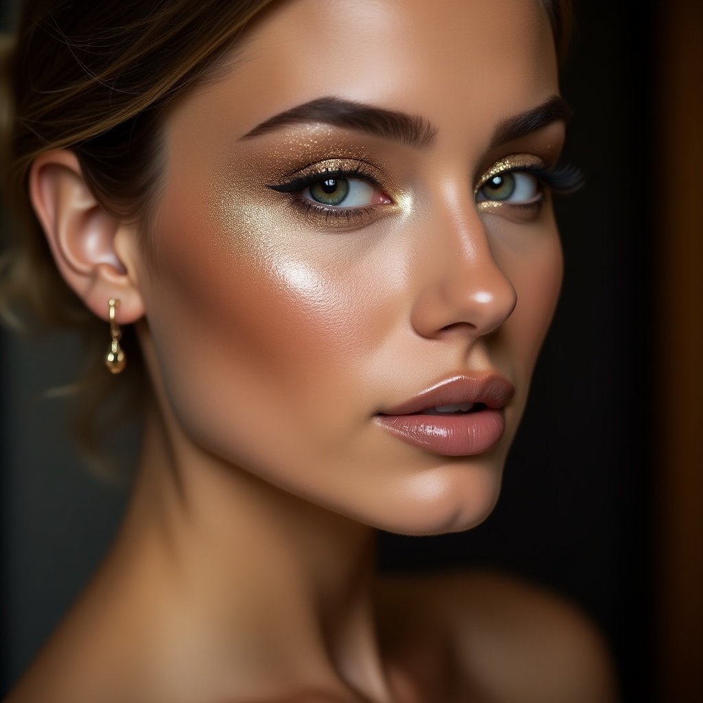 Beautiful woman showcasing glittering makeup with elegant earrings. Highlight the sophistication and glamour of the look.