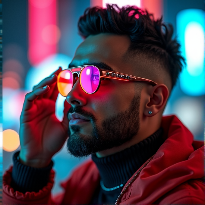 A stylish individual wearing reflective sunglasses, illuminated by vibrant neon lights in an urban setting.