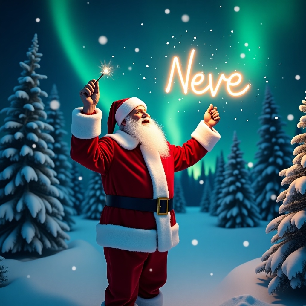 The image captures a magical moment in a winter wonderland. It features Santa Claus in his classic red suit, joyfully pointing upward. He seems to be writing the word 'Neve' in the sky with a sparkling wand. Surrounding him, snowflakes fall softly, adding to the festive feel. The enchanting northern lights create a magical backdrop, enhancing the scene's charm. This image embodies the spirit of Christmas and joy during the holiday season.