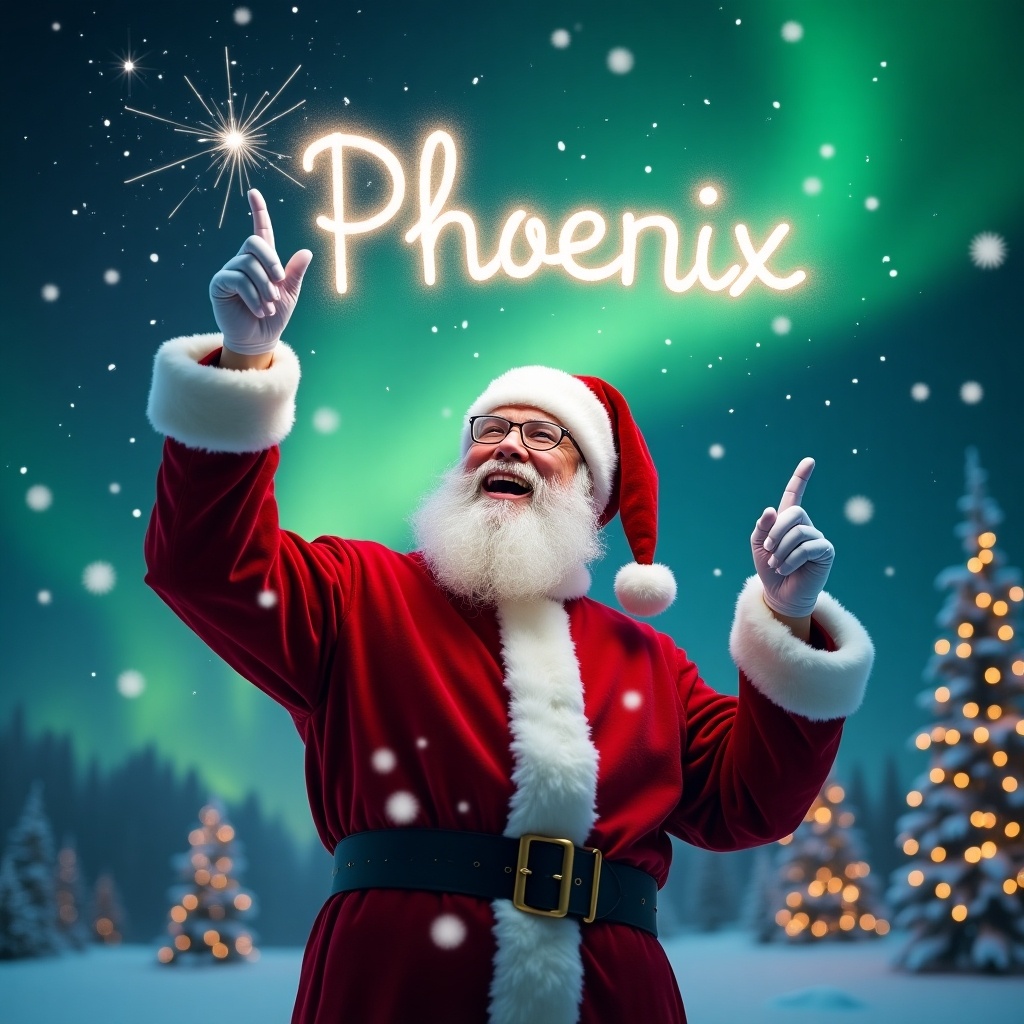 The image portrays a festive scene where Santa Claus, dressed in his iconic red suit, is joyfully pointing upward. He appears to be writing the word 'Phoenix' in the sky with a sparkling wand. The atmosphere is filled with falling snowflakes, enhancing the winter wonderland feel. The enchanting northern lights shine in the background, adding to the magic of the moment. This delightful image captures the essence of Christmas joy and celebration during the holiday season.