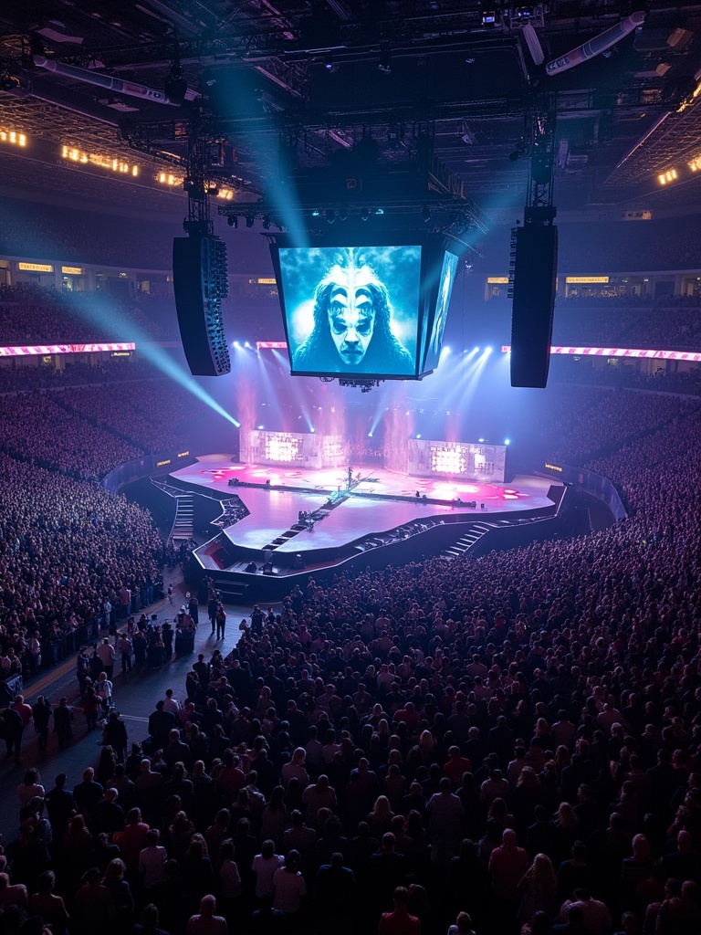 Aerial view of Travis Scott performing at Madison Square Garden. Concert features a unique 360 stage design. The audience is engaged and watching the performance. Colorful lights illuminate the stage and crowd. The atmosphere is vibrant with excitement.