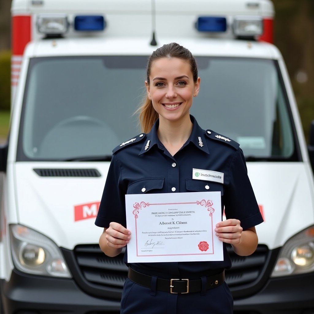 Lady paramedic in uniform stands in front of her ambulance. She holds a certificate celebrating her completion of a driving test. The scene captures her pride and accomplishment.