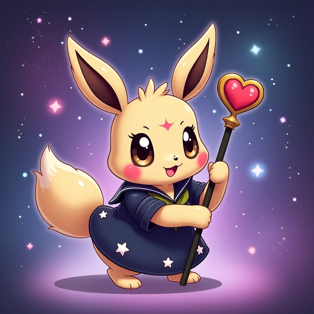 This image features a cute character, Eevee, styled as Sailor Pluto from the popular anime series Sailor Moon. The character is dressed in a magical outfit, complete with a dark blue dress adorned with stars and a heart-tipped staff. Eevee has large, expressive eyes and a playful expression. The background consists of a magical starry scene with soft glowing colors creating a whimsical atmosphere. This design combines elements of both Pokémon and anime, capturing the charm of both worlds.