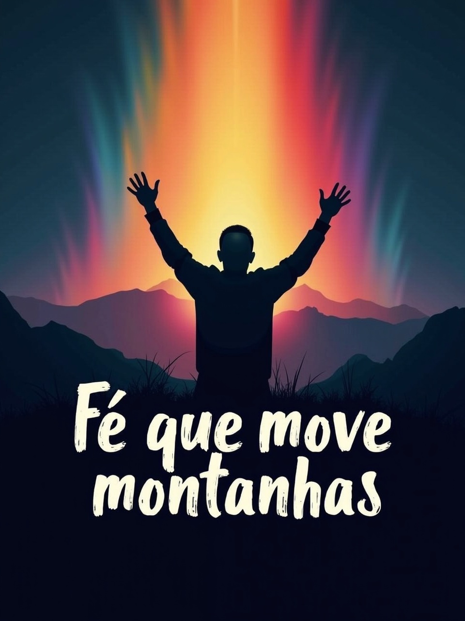 A silhouette of a person with arms raised towards a radiant multicolored light in the sky, with mountains in the background and the text 'Fé que move montanhas' below.