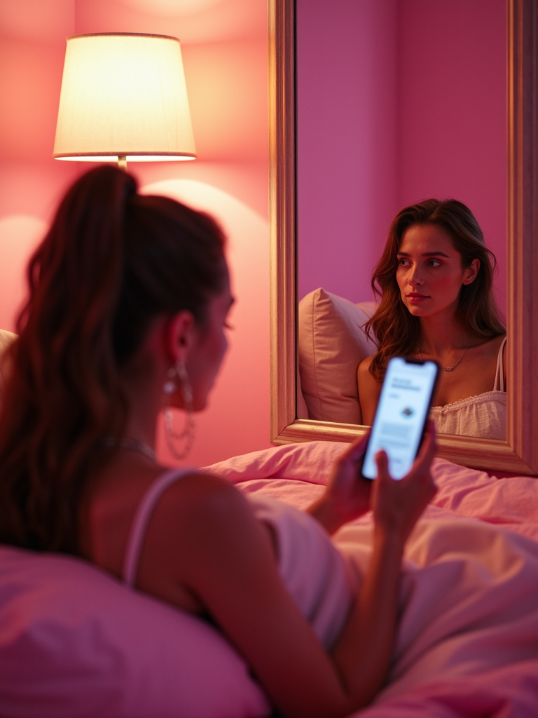 A woman in a pink-lit bedroom gazes at her reflection in the mirror while holding a smartphone.