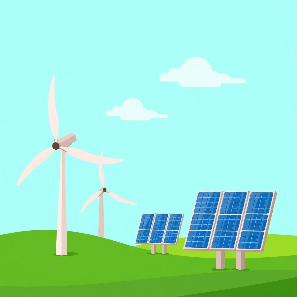 A wind turbine and solar panels coexist in a green field under a clear blue sky. The scene is bright and colorful, emphasizing renewable energy.