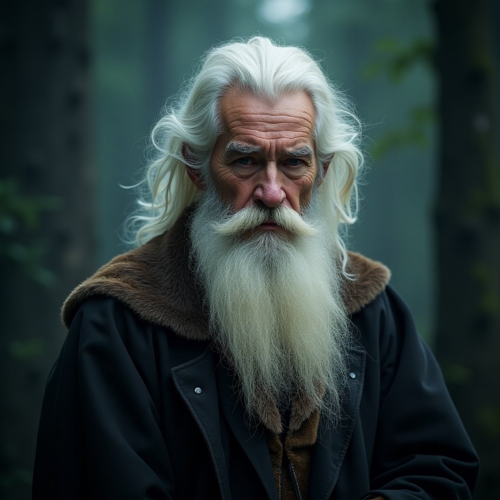 An old man with a long white beard in a magical setting gazes into the camera.