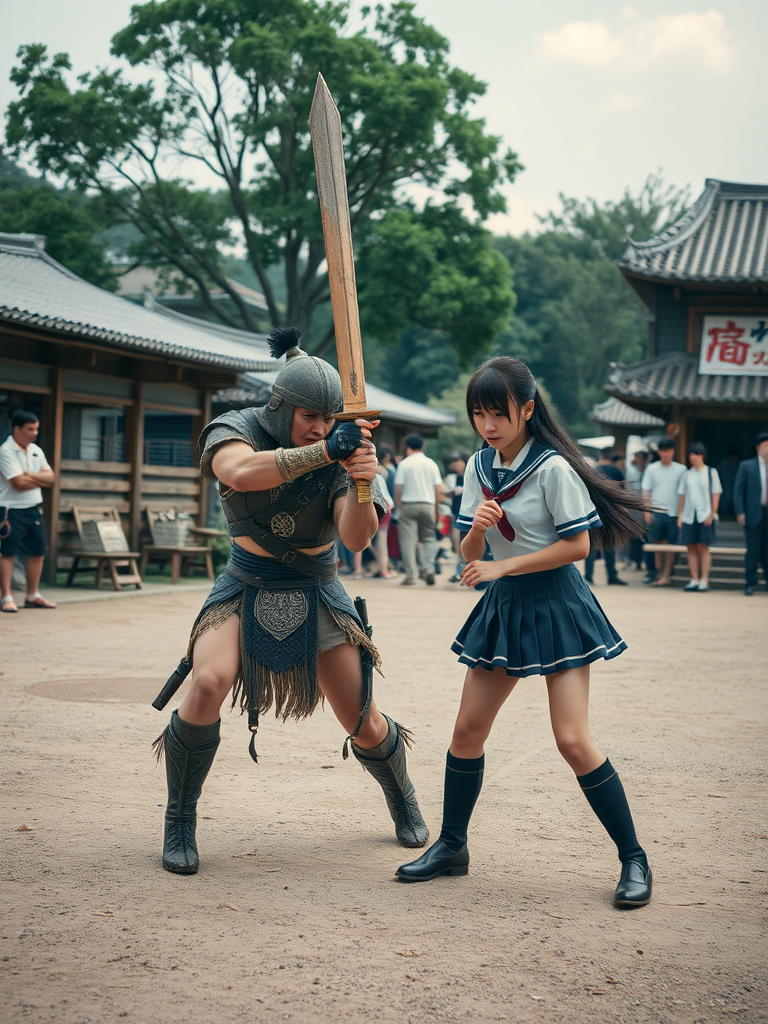 A warrior and a schoolgirl engage in a playful medieval village scene.