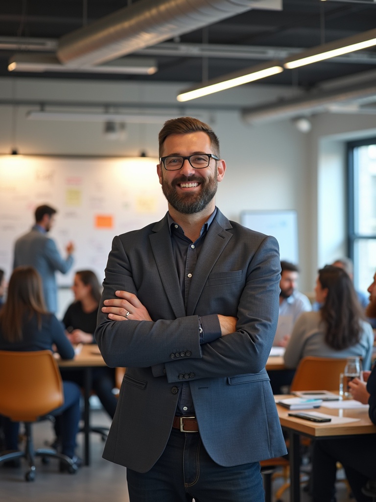 Man in a suit stands confidently in a startup office. Background shows team members collaborating. Whiteboards are filled with ideas. Capture leadership and entrepreneurial spirit.