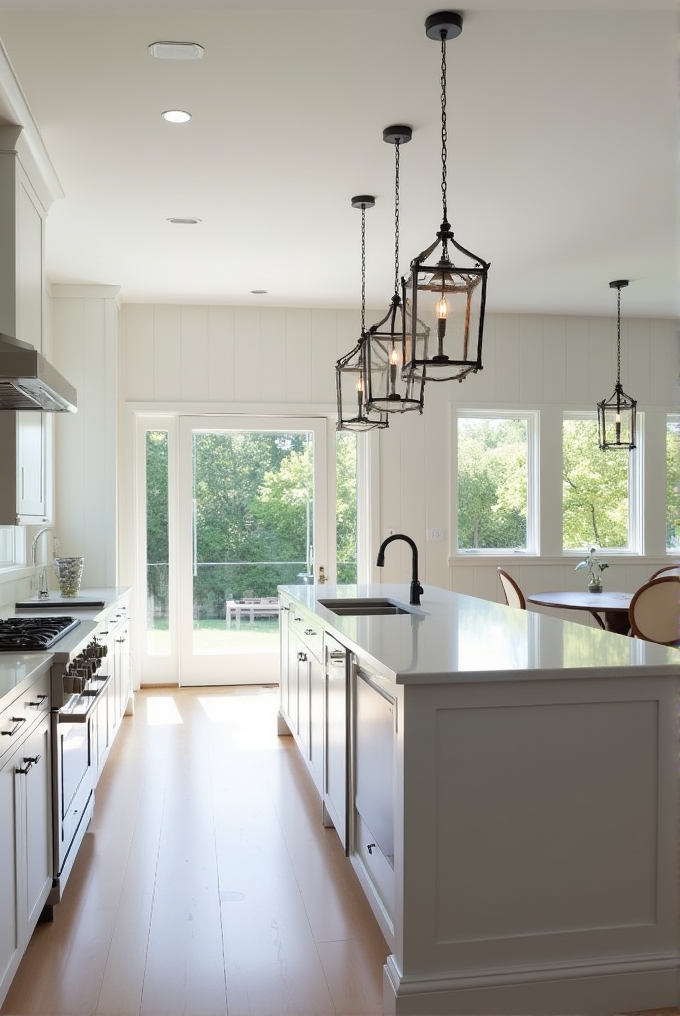 A bright kitchen with white cabinets and an island, featuring large windows and pendant lights.