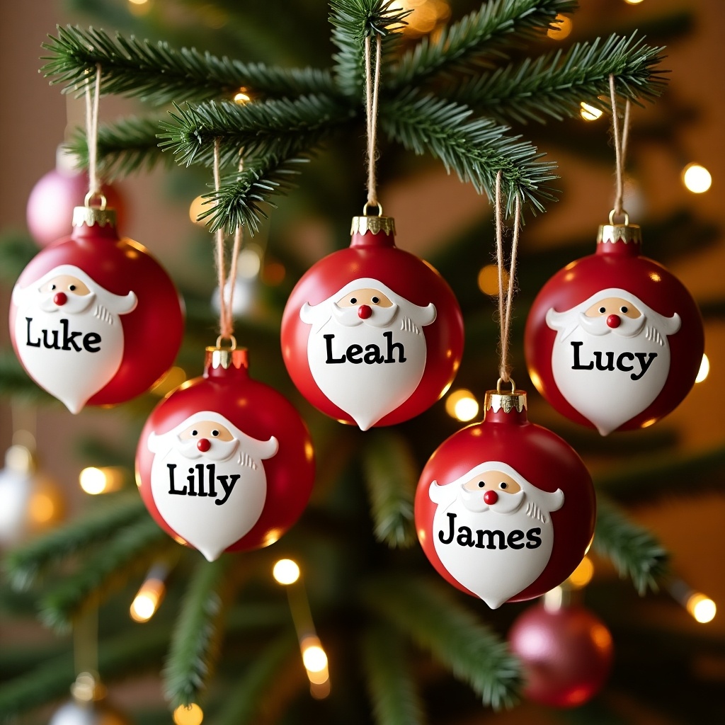 The image features five vibrant red baubles hanging from a Christmas tree. Each bauble has a white section at the bottom adorned with a playful Santa face. The names 'Luke', 'Leah', 'Lucy', 'Lilly', and 'James' are beautifully inscribed in black. The scene is illuminated with warm lights in the background, enhancing the festive mood. The soft focus around the tree creates a cozy atmosphere, inviting viewers to feel the spirit of the holiday season. Perfectly designed for personalized gift ideas, these ornaments bring joy and cheer.