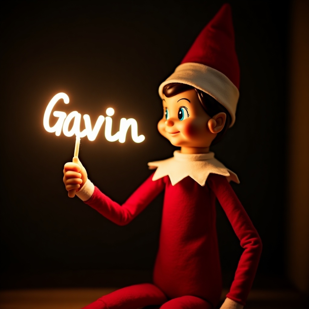 Image features an elf character wearing red and white. Elf holds a glow stick illuminating the name 'Gavin'. Dark background enhances glow. Warm atmosphere representing Christmas joy.