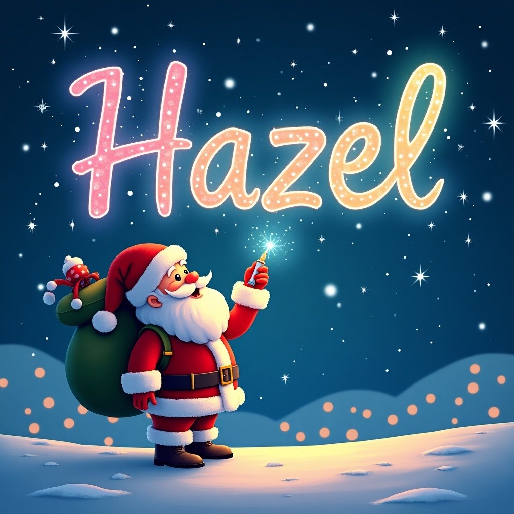 Christmas theme with Santa Clause writing the name 'Hazel' in the sky using a glow pen. Santa is looking up at the writing which has a colorful glow effect.