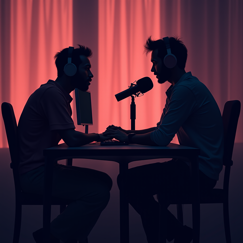 Two men speaking into microphones in a warmly lit room.