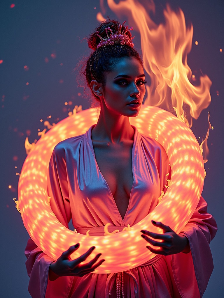 A vibrant portrait features a woman surrounded by glowing neon colors. She holds a large triton engulfed in flames and wears elegant robes. The scene emphasizes the contrast of bright colors and dramatic lighting.