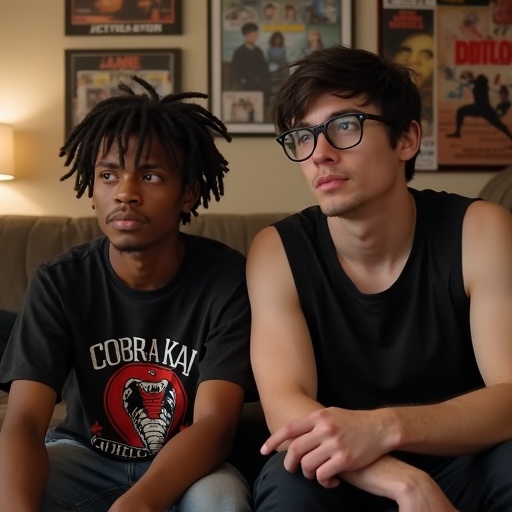 Two young adult males are sitting on a couch. One male is wearing a Cobra Kai T-shirt. The other is in a black tank top. They are looking at something. The setting is a living room filled with movie posters.