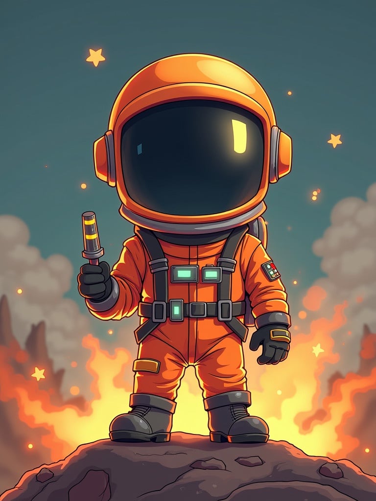 Cartoon image of an astronaut in an orange suit. The helmet visor is shiny. The astronaut holds a tool. Standing on rocky terrain. Background features fire. The text 'Melt Them All' is included.