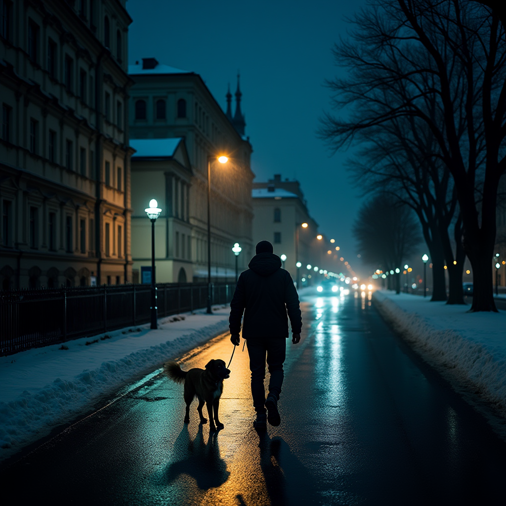 A person walking a dog along a snow-lined street illuminated by streetlights at dusk.