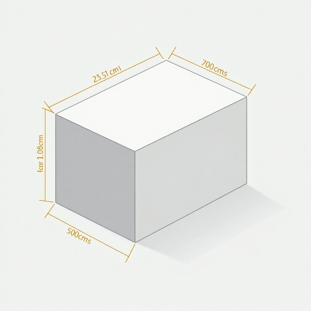 Illustration features a rectangular box with dimensions. Measurements highlighted in yellow provide length width height in centimeters. Isometric perspective displays 3D nature of the box. Soft gray background enhances visibility of measurements. Useful reference for engineering and architectural purposes.