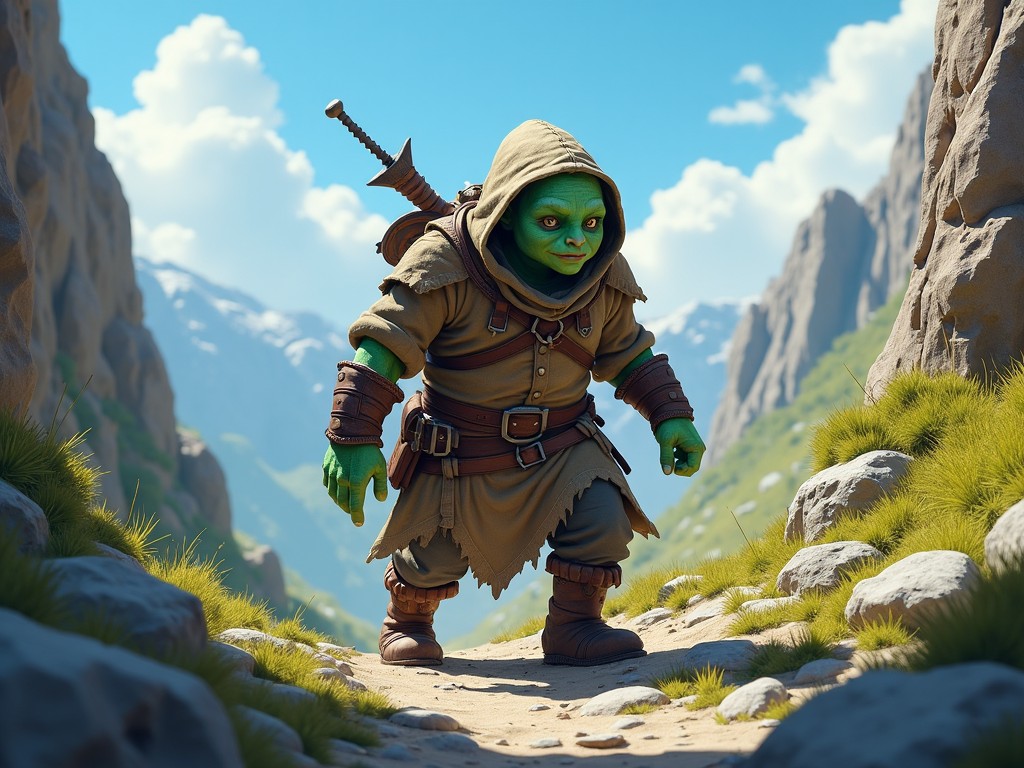 The image features a small green-skinned goblin-like creature dressed in a brown cloak and tunic, walking down a rocky path. It carries a sword on its back, indicating it is an adventurer in a fantasy setting. The character has a determined expression, suggesting a mission or quest. Surrounding the creature are tall rocky cliffs and a vibrant sky, enhancing the adventurous atmosphere. The grass is lush, creating a picturesque and lively landscape.