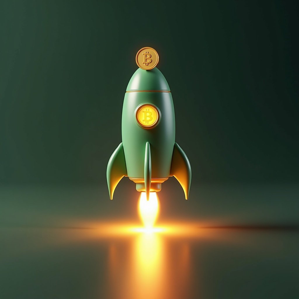 Close up of a green and white rocket. Bitcoin on top. Cryptocurrency in the background. Full body render. Energy released. Brutalist spaceship design. Mascot style. 50s aesthetic. Candle lit effect. Highly capsuled listing image.