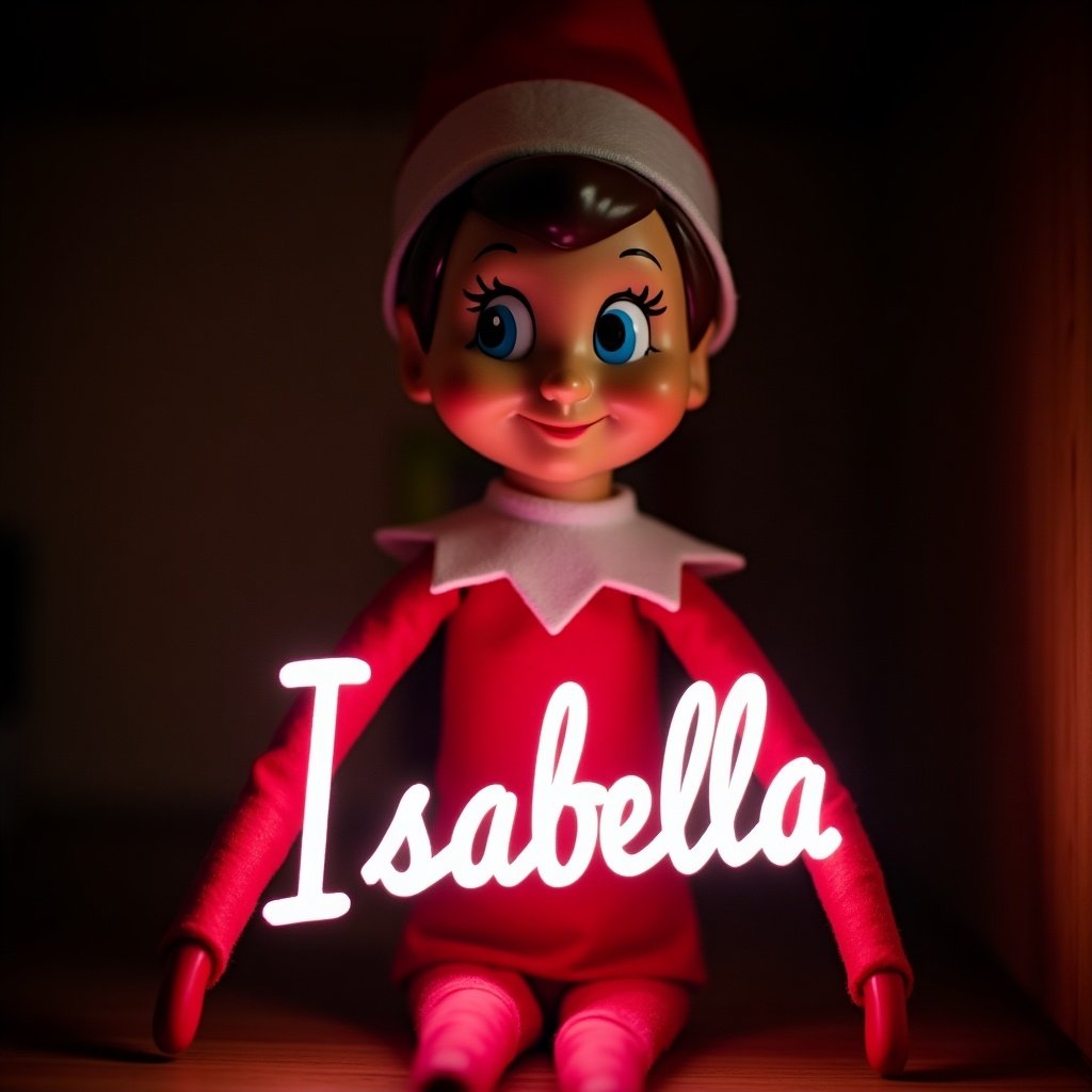 This image features an elf on the shelf character, dressed in traditional pink and white attire. The elf is holding a glow stick that forms the name 'Isabella' in bright, soft light. The background is dark, which enhances the glowing effect of the text. It creates a warm, festive atmosphere, embodying the joy of the holiday season. The scene evokes feelings of magic and cheer associated with Christmas celebrations.