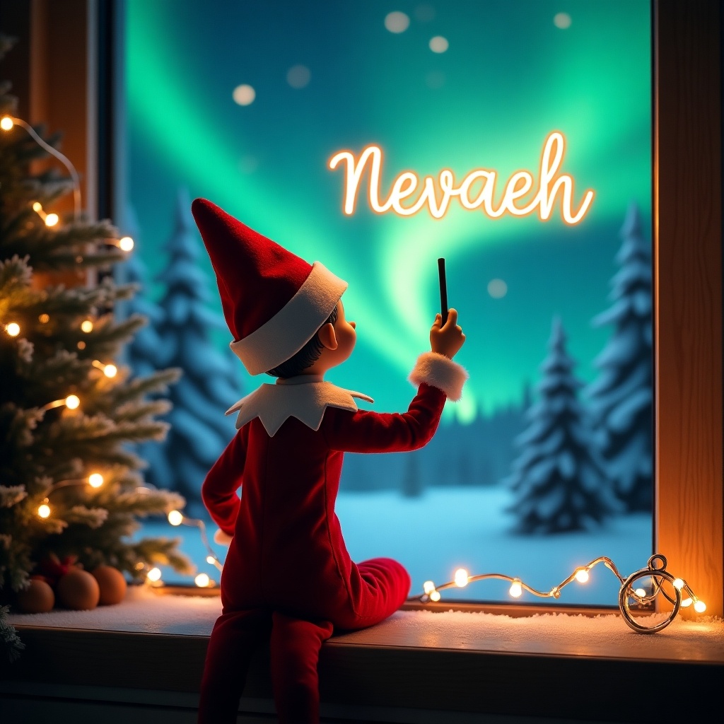 An enchanting Christmas scene featuring an elf on the shelf. The elf is dressed in red and white, positioned with his back to the viewer. He holds a magic wand, writing 'Nevaeh' in glowing letters. The backdrop showcases beautiful northern lights, creating a magical atmosphere. This scene embodies the spirit of Christmas and captures a sense of wonder and joy. It's a whimsical representation of holiday traditions and excitement.