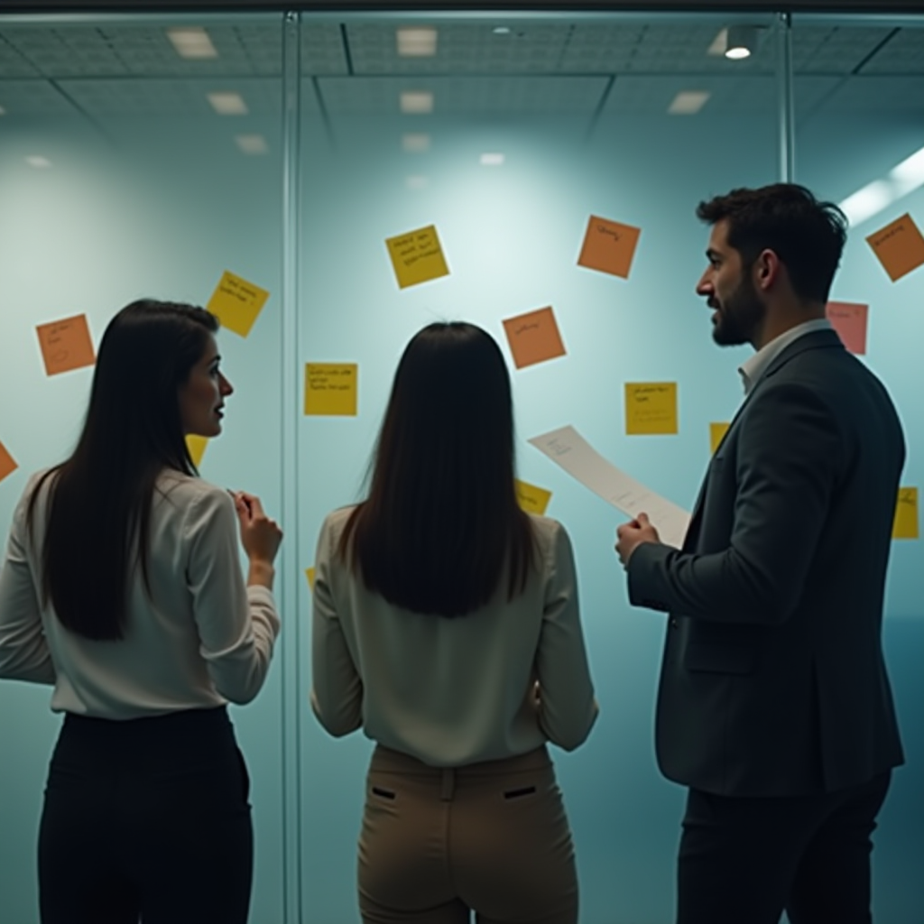 Three people are discussing notes on a glass wall in an office setting.