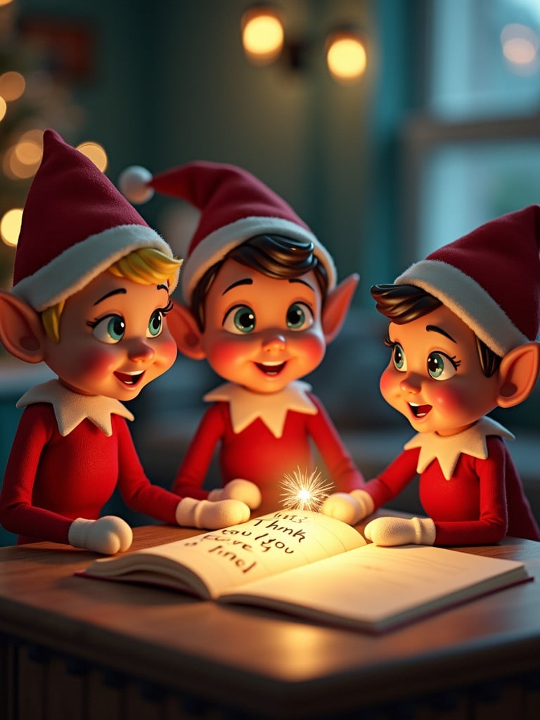 Animated scene with cheerful elves reading a note in soft lighting. The note says 'Thank you Tina.'