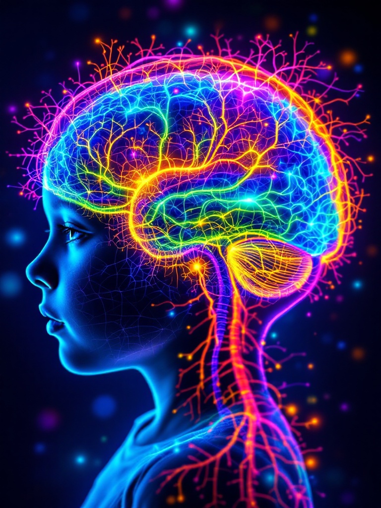 Generate an image of a child's brain using an advanced scanner. Highlight intricate and colorful neural pathways. Use vibrant colors to represent different regions and functions of the brain. Showcase complexity and beauty of brain connections.