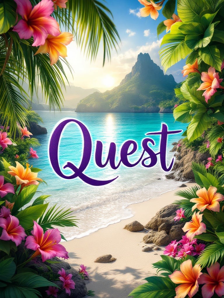 A captivating advertisement in a tropical paradise. Vibrant Hawaiian flowers bloom in a kaleidoscope of colors. Pristine white sands merge with crystal-clear waters. The word 'Quest' is part of the vibrant landscape. The word is purple, inviting an unforgettable journey through nature's beauty and adventure.