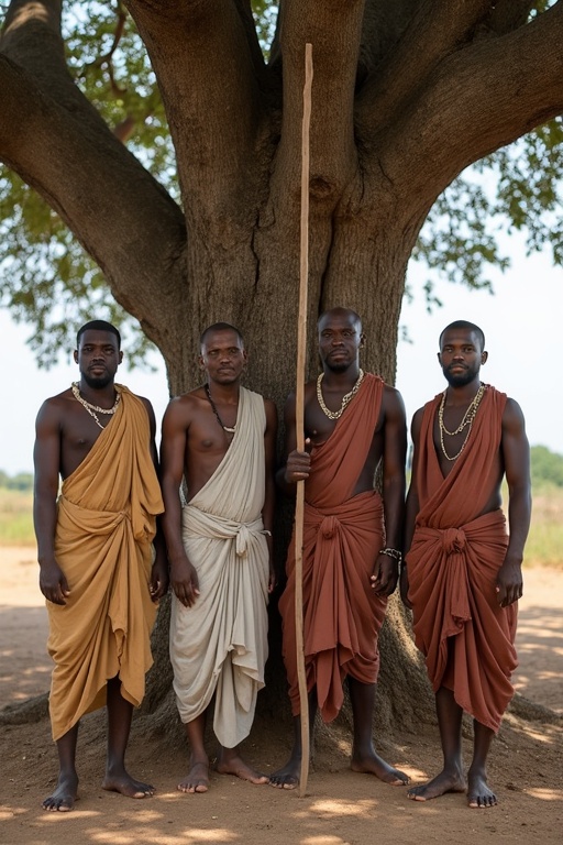 Group of four men in traditional attire. They stand under a large tree. Each man holds a stick. The setting is rural. Natural lighting highlights earthy tones. Expressions are calm yet determined.