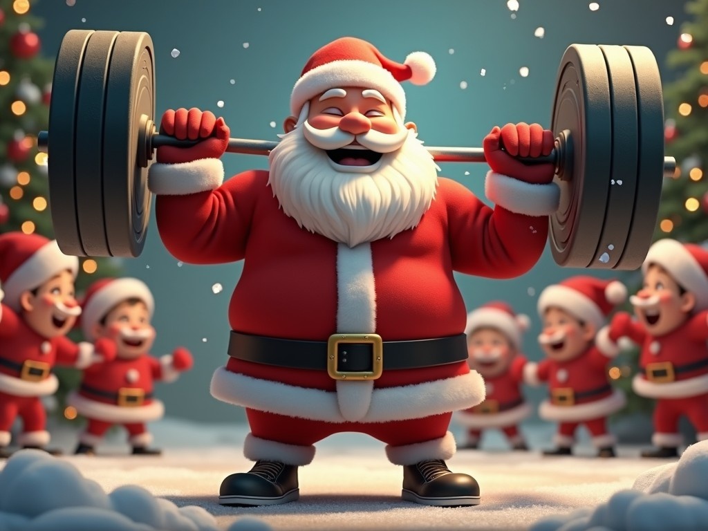 This image features an animated Santa Claus enthusiastically lifting a heavy barbell. He is surrounded by cheerful children in Santa costumes, celebrating his strength and festive spirit. The background is adorned with Christmas trees twinkling with lights, creating a joyful holiday atmosphere. Snowflakes gently fall around them, adding to the winter wonderland effect. This portrayal combines the festive nature of Santa with fitness, promoting an energetic and fun holiday theme.