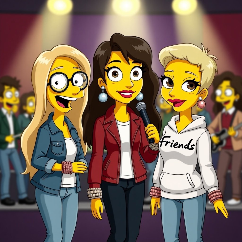 Cartoon characters perform on stage in front of an audience. Three girls sing under spotlight. One girl has long blond hair, round glasses, denim jacket and bracelets. Another girl has dark hair, red leather jacket, and big earrings. The third girl has short blonde hair and a white hoodie with 'Friends' written on it. Light jeans and red lipstick.