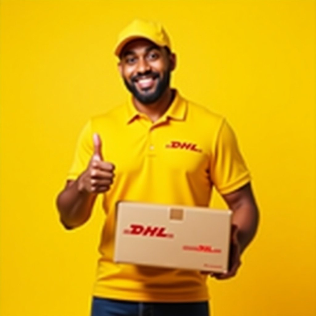 A man in a yellow DHL shirt giving a thumbs up while holding a delivery box against a yellow background. Full body shot showing confidence and friendliness.