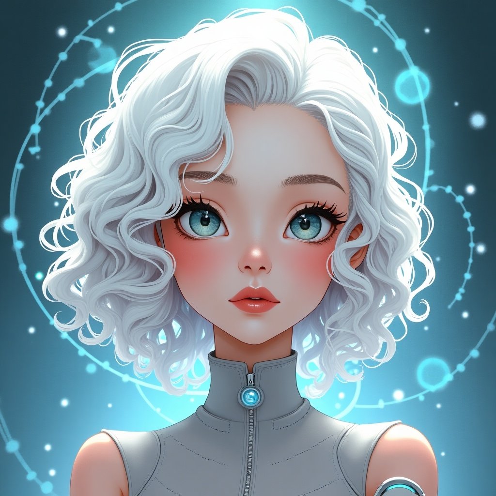 Digital artwork of a young woman with curly white hair. Features a beautifully illustrated figure with expressive eyes and delicate features. Includes themes of Aetherpunk and ethereal visuals.