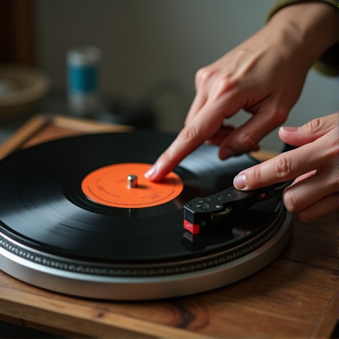 A close-up of hands adjusting a needle on a spinning vinyl record with an orange label.