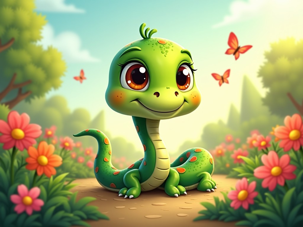 The image depicts an adorable cartoon snake. The snake has bright green skin with cheerful orange spots and large, expressive eyes. It is positioned in a vibrant garden filled with colorful flowers and fluttering butterflies. The background features a sunny sky and soft greenery, enhancing the whimsical and friendly atmosphere. The snake seems content and playful, making it appealing for a young audience.