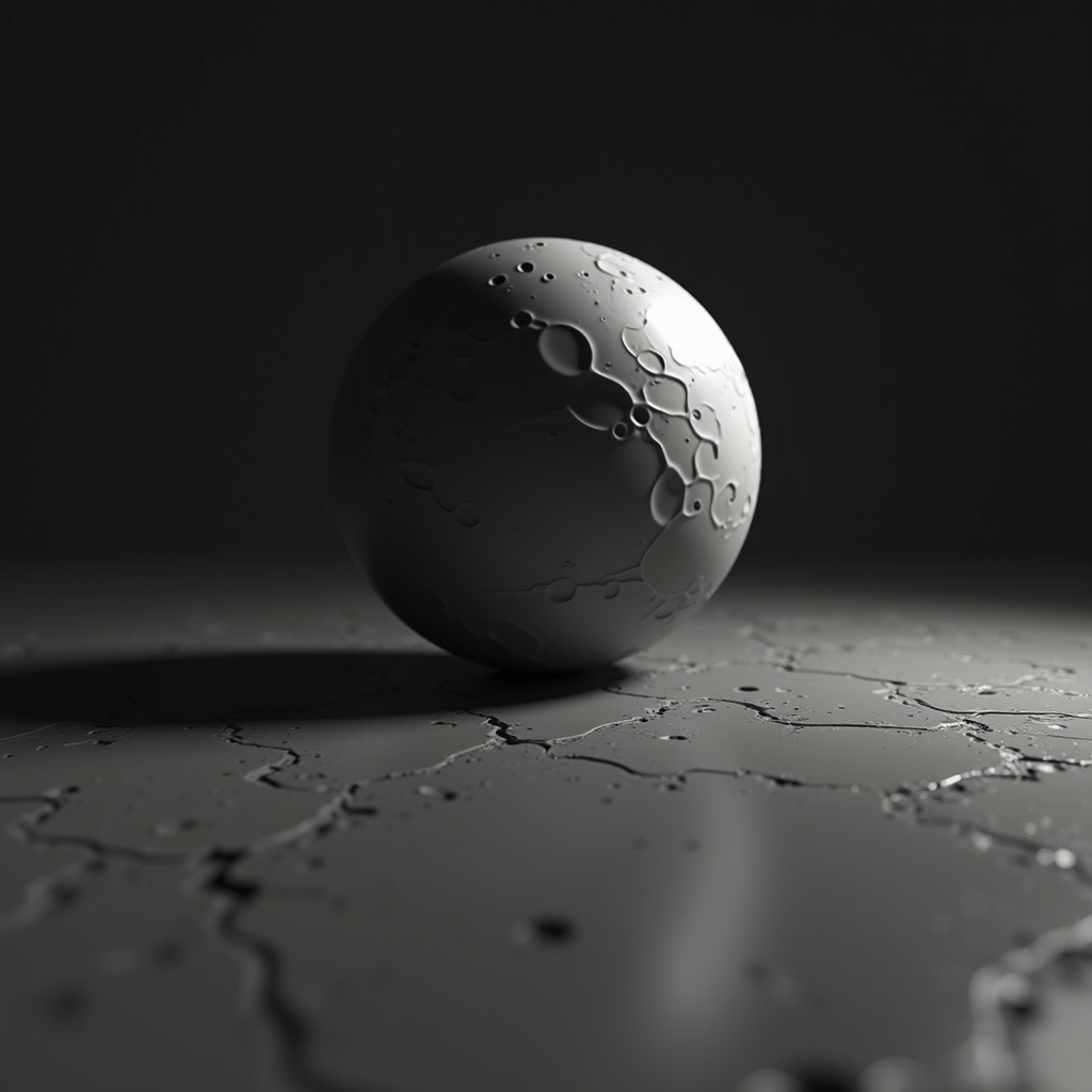 A textured sphere casting a shadow on a cracked surface in a dimly lit scene.