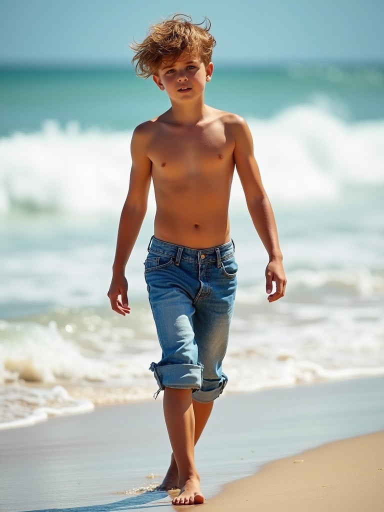 A young teenage boy walks along the beach. He is shirtless and wears low hanging denim jeans. Waves crash in the background. The sun shines brightly overhead. The shoreline is visible.