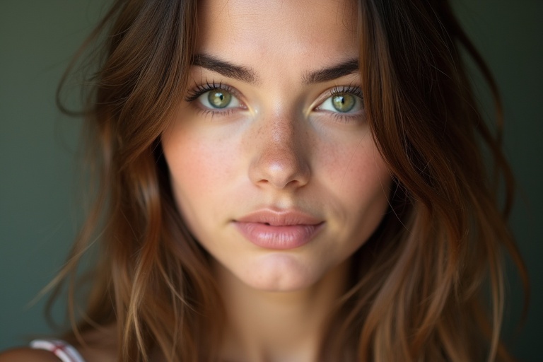 Pretty young woman has striking green eyes and brown hair. Soft lighting highlights natural beauty. It is a portrait style image.